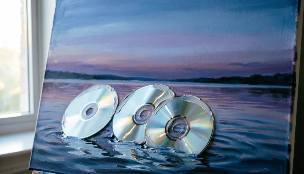 Блестящие вставки из старых CD-дисков в живописи: как встроить зеркальные фрагменты в смешанную технику